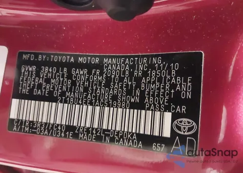 2010 Toyota Corolla Le z USA, uszkodzony, nr VIN 2T1BU4EE1AC519980